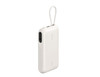 A white power bank with an integrated cable and display, featuring a loop for easy carrying and a logo.