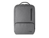 A grey backpack with a clean design featuring a front pocket and a logo. It has a handle on top.