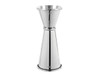 A stainless steel spirit measure with 15ml and 30ml measurements, featuring a sleek, shiny finish and a logo.