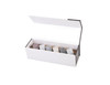 Whisky disc set featuring six granite stones in various colours, presented in a white box with a wooden base.