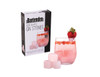 A drink bottle filled with pink liquid and strawberries beside a box containing six rose quartz gin stones.