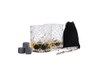 A whisky set featuring two crystal glasses, ice stones, a pair of tongs, and a black drawstring bag.