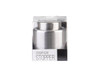 A champagne stopper in a silver metallic finish, presented in a transparent packaging with branding.