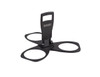 A black folding cup holder with three circular openings and a central handle, featuring a logo.