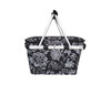 A floral-patterned insulated carry basket in black and white with a silver handle and a lid.