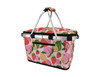 A pink insulated carry basket with a lid, featuring a colourful fruit design and silver handles.