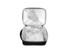 An insulated black lunch bag with a silver interior, featuring a zip closure and a logo on the outside.