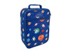 A blue insulated lunch bag featuring a space-themed design with rockets, planets, and stars, complete with a handle and branding.