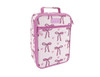 A pink and white insulated lunch bag featuring a bow and heart pattern, with a zipper and handle. It includes a logo.