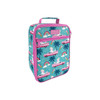 A teal insulated lunch bag featuring a playful unicorn design with pink accents, palm trees, and rainbows.