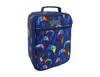 An insulated lunch bag featuring a navy background with vibrant gaming controller patterns. It has a front zipper and a handle.