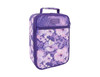 A purple insulated lunch bag with a floral design featuring hibiscus flowers and a front zipper pocket.
