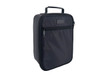 A black insulated junior lunch bag with a zipped front pocket and a handle on top. It features a logo.