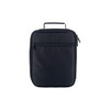 A black insulated lunch bag with a zippered front pocket and a top handle. It features branding.