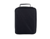 A black insulated lunch bag with a handle, featuring a plain design and a zip closure. It has a logo on the front.