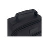 A black insulated lunch bag with a top handle and a zippered pocket. The bag features a logo on its surface.