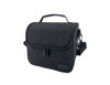 A black insulated lunch bag with a zip closure, handle, shoulder strap, and a logo on the front.