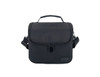 A black insulated lunch bag with a zip closure and a handle, featuring a detachable shoulder strap and a logo.