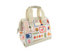 An insulated lunch bag featuring a colourful design with various patterns and handles. It includes a logo on the side.