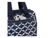 A navy insulated lunch bag with a white geometric pattern, featuring a zippered pocket holding a smartphone.