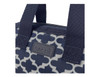 A close-up of a navy and white insulated lunch bag with sturdy handles and a logo on the front.