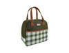 An insulated lunch bag in green and white plaid, featuring brown accents and handles, with a logo on the front.