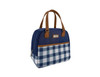 An insulated lunch bag with a navy blue and checkered patterned design, featuring brown handles and a front pocket.