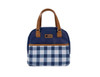 A patterned insulated lunch bag with navy blue and white checkered design, featuring brown leather straps and a logo.