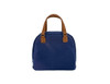 A navy insulated lunch bag with brown faux leather straps and a branded logo on the front.