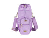 A drink bottle bag in purple with a drawstring closure, side pocket, and a branded strap.