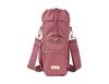 A drink bottle bag in dusty rose, featuring a drawstring closure, adjustable strap, and a front pocket with a logo.