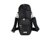 A drink bottle bag in black with a drawstring top, gold accents, and a front zip pocket, featuring a logo.