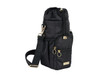 A drink bottle bag in black with gold accents, featuring a zippered pocket and an adjustable strap.