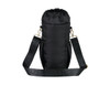 A drink bottle bag in black, featuring a drawstring top and a shoulder strap with a logo.