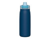 A drink bottle in dark navy with a light blue flip-top lid. It features a logo on the side.