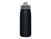 A drink bottle in matte black with a grey flip-top lid. It features a logo on its surface.
