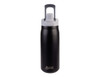 A drink bottle featuring a black finish with a grey flip-top lid and a logo. Holds 600ml.
