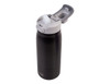 A drink bottle in black stainless steel with a grey flip-top lid and spout, featuring a logo.
