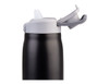 A drink bottle in matte black with a grey flip-top lid and built-in spout. Features a logo on the body.