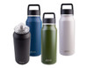 A drink bottle collection featuring a black, blue, olive green, and white insulated design, each with a chug spout.