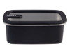 A rectangular black stainless steel container with a clear lid and a logo. Capacity of 1.1L.