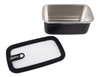 A rectangular stainless steel container in silver with a black lid, featuring a logo. Capacity is 1.1L.