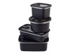 Four black stainless steel rectangular containers stacked with matching lids, featuring a logo on the side.