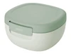 A salad bowl with a light green lid and white base, featuring a logo on the front.