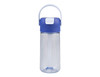 A drink bottle with a clear body, blue lid, and a carrying handle, featuring a logo. Holds 460ml.