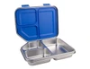 A blue and silver bento lunch box with three compartments, featuring a stainless steel design and a hinged lid.