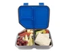 A stainless steel bento lunch box with a blue lid, featuring three compartments filled with fruit, vegetables, and a wrap.