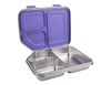 A stainless steel bento lunch box with a purple lid, featuring three compartments for food storage.
