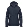 A women's navy softshell jacket with a hood, featuring zippered pockets and a logo.