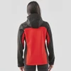 A hooded softshell jacket featuring a black and red colour scheme, with a fitted design and a logo on the back.
